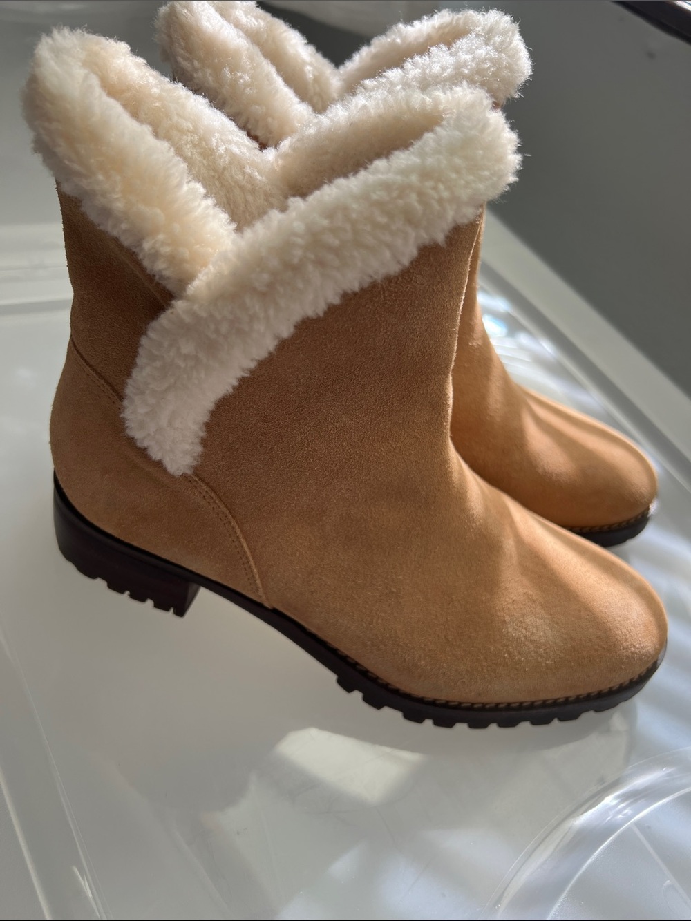 Talbots Tan Suede Shearling Cuff Ankle Boots